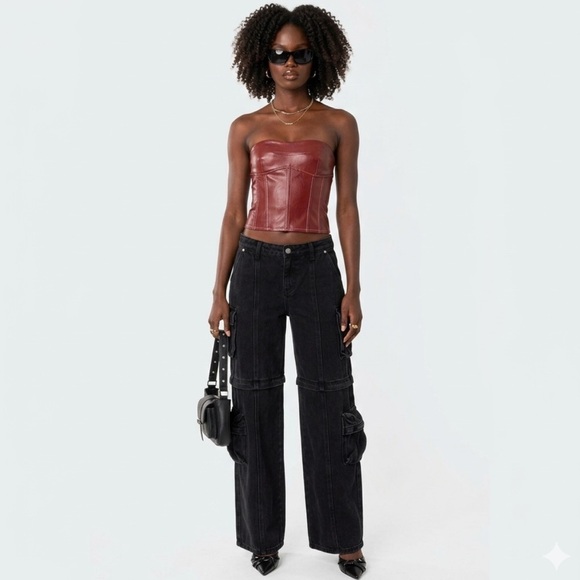 SOLD - DO NOT BUY - Bundle Burgundy Vegan Leather Corset and Leopard Baggy Jeans - Picture 4 of 13